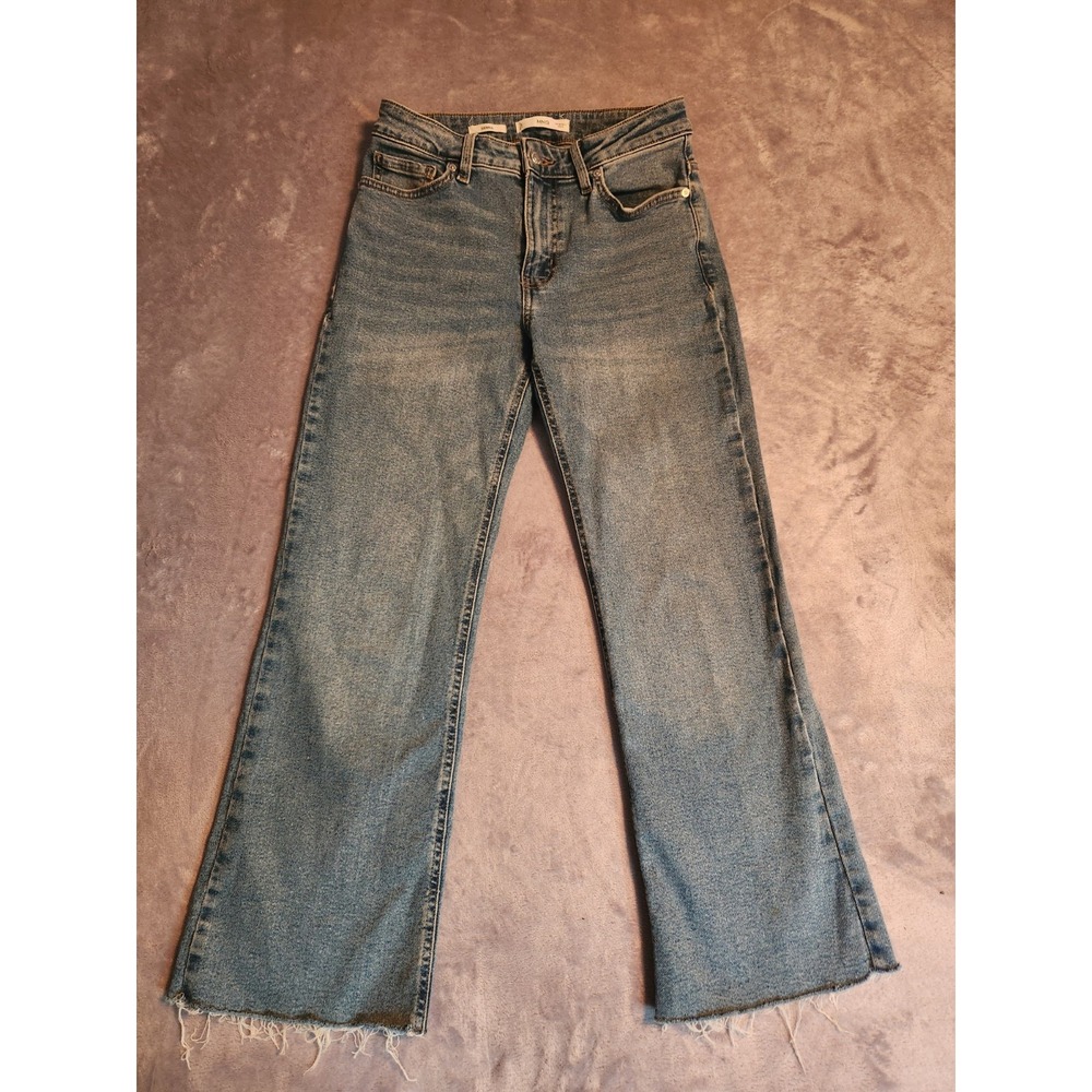 New 6 Mango MNG Sienna High Waist Crop Frayed Jeans Denim Medium Wash Pants